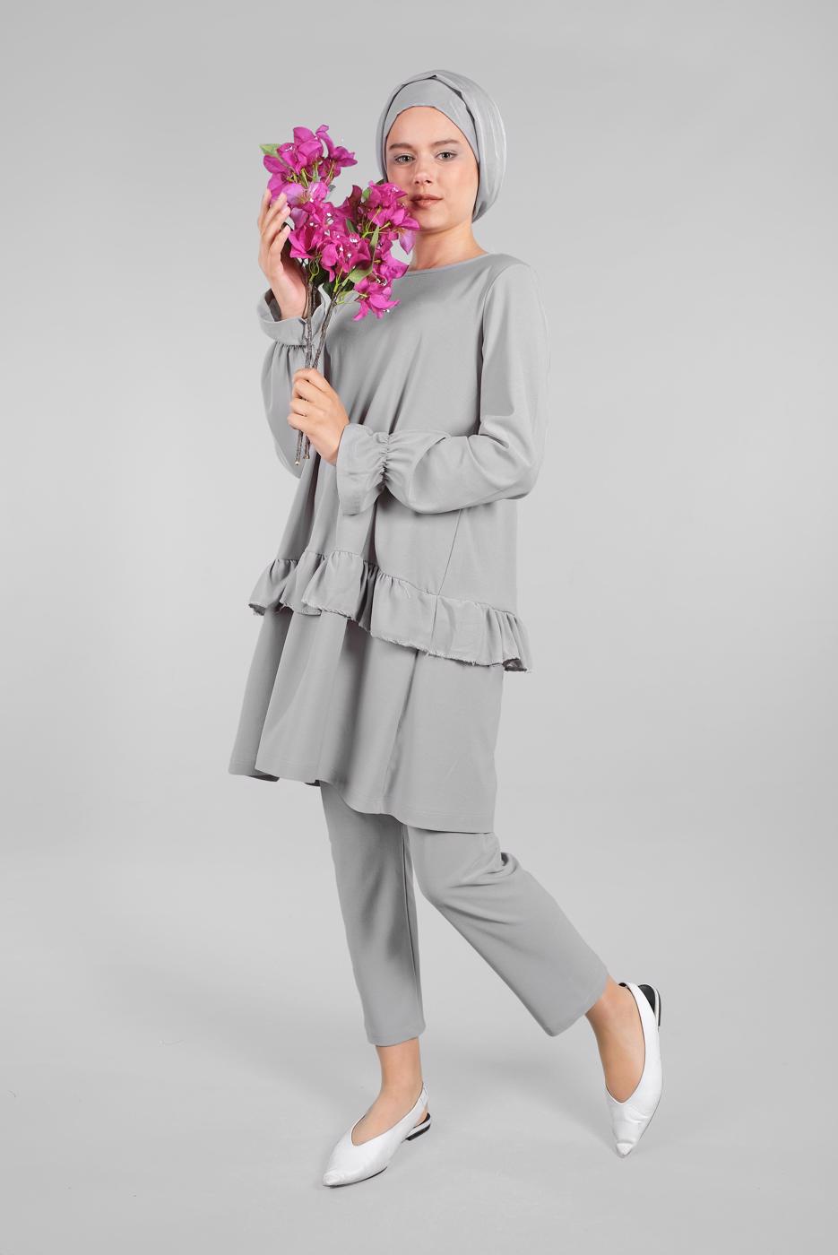 Tesettür giyim GRİ KOLLARI BÜZGÜLÜ  2&prime;Lİ PANTOLONLU TAKIM 5016 