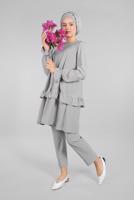 Tesettür giyim GRİ KOLLARI BÜZGÜLÜ  2&prime;Lİ PANTOLONLU TAKIM 5016 