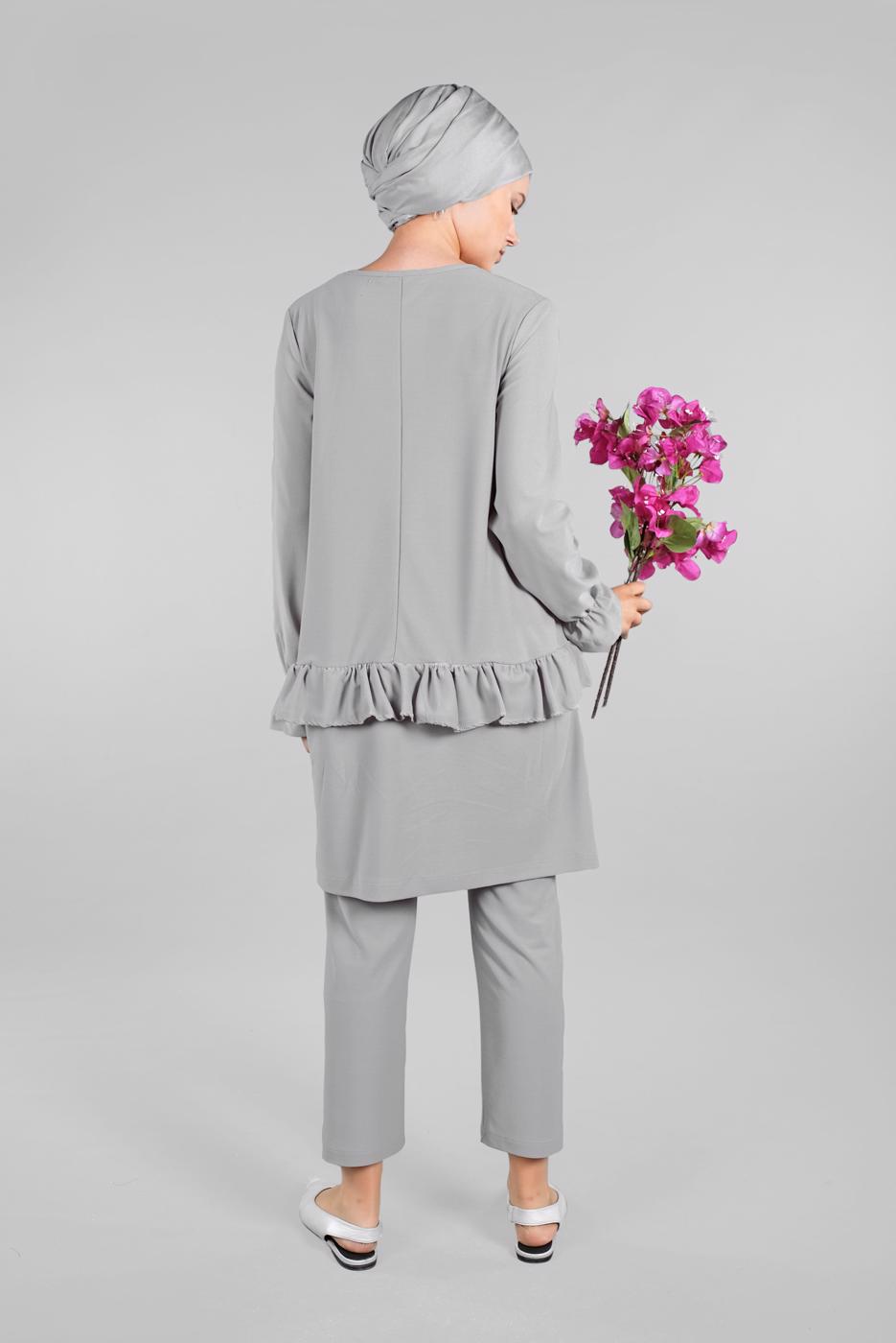 Tesettür giyim GRİ KOLLARI BÜZGÜLÜ  2&prime;Lİ PANTOLONLU TAKIM 5016 