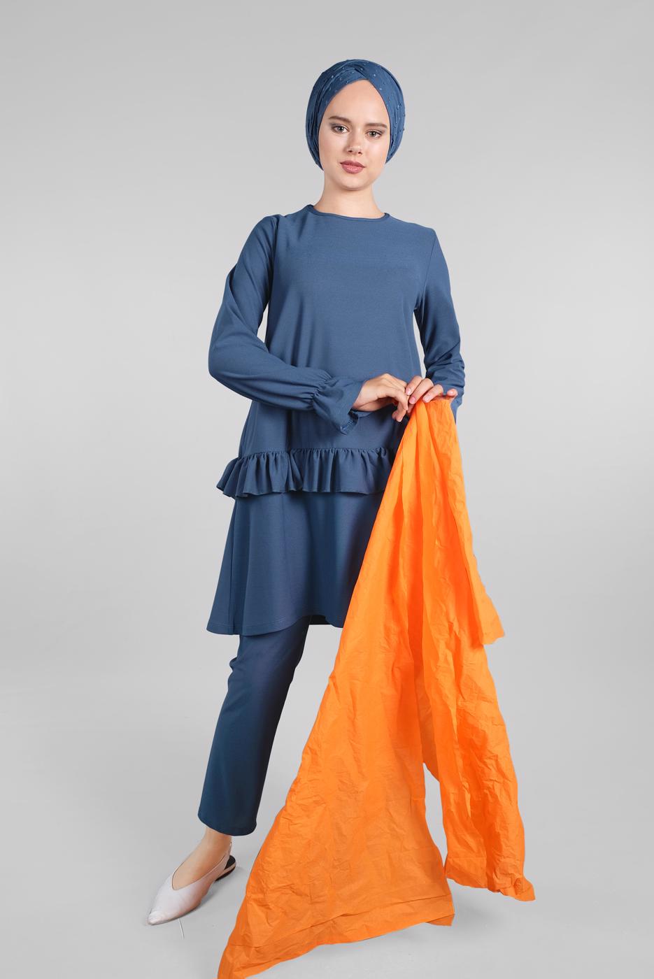 Tesettür giyim MAVİ KOLLARI BÜZGÜLÜ  2&prime;Lİ PANTOLONLU TAKIM 5016 