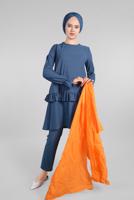 Tesettür giyim MAVİ KOLLARI BÜZGÜLÜ  2&prime;Lİ PANTOLONLU TAKIM 5016 