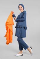 Tesettür giyim MAVİ KOLLARI BÜZGÜLÜ  2&prime;Lİ PANTOLONLU TAKIM 5016 