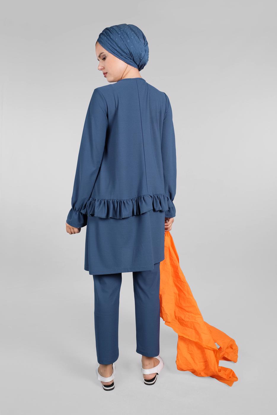Tesettür giyim MAVİ KOLLARI BÜZGÜLÜ  2&prime;Lİ PANTOLONLU TAKIM 5016 