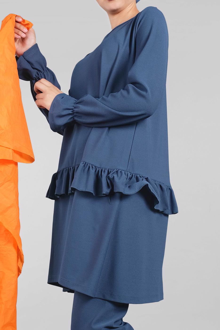 Tesettür giyim MAVİ KOLLARI BÜZGÜLÜ  2&prime;Lİ PANTOLONLU TAKIM 5016 