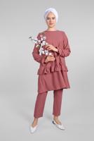 Tesettür giyim PEMBE KOLLARI BÜZGÜLÜ  2&prime;Lİ PANTOLONLU TAKIM 5016 