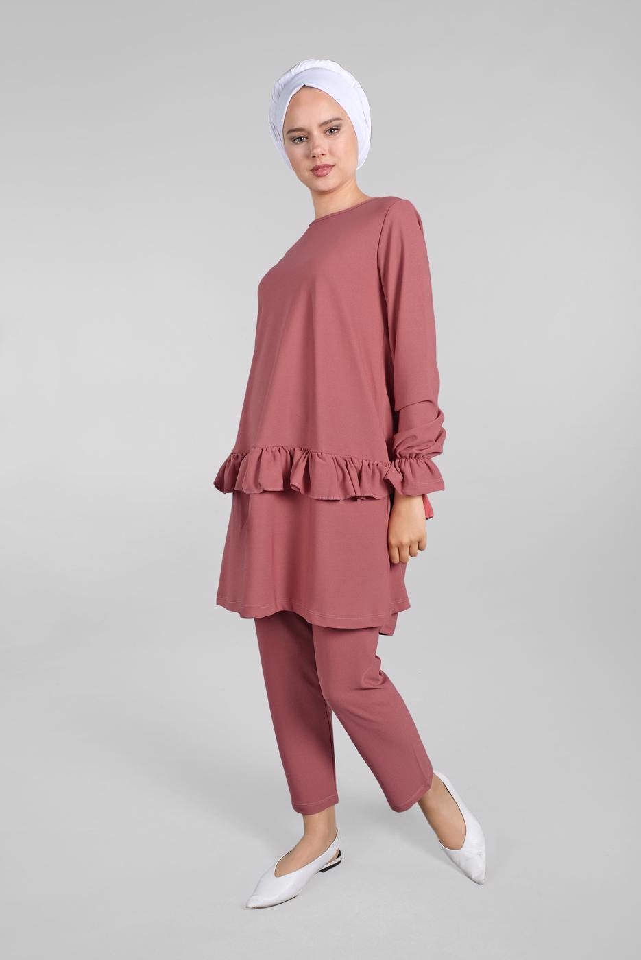 Tesettür giyim PEMBE KOLLARI BÜZGÜLÜ  2&prime;Lİ PANTOLONLU TAKIM 5016 
