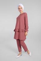 Tesettür giyim PEMBE KOLLARI BÜZGÜLÜ  2&prime;Lİ PANTOLONLU TAKIM 5016 