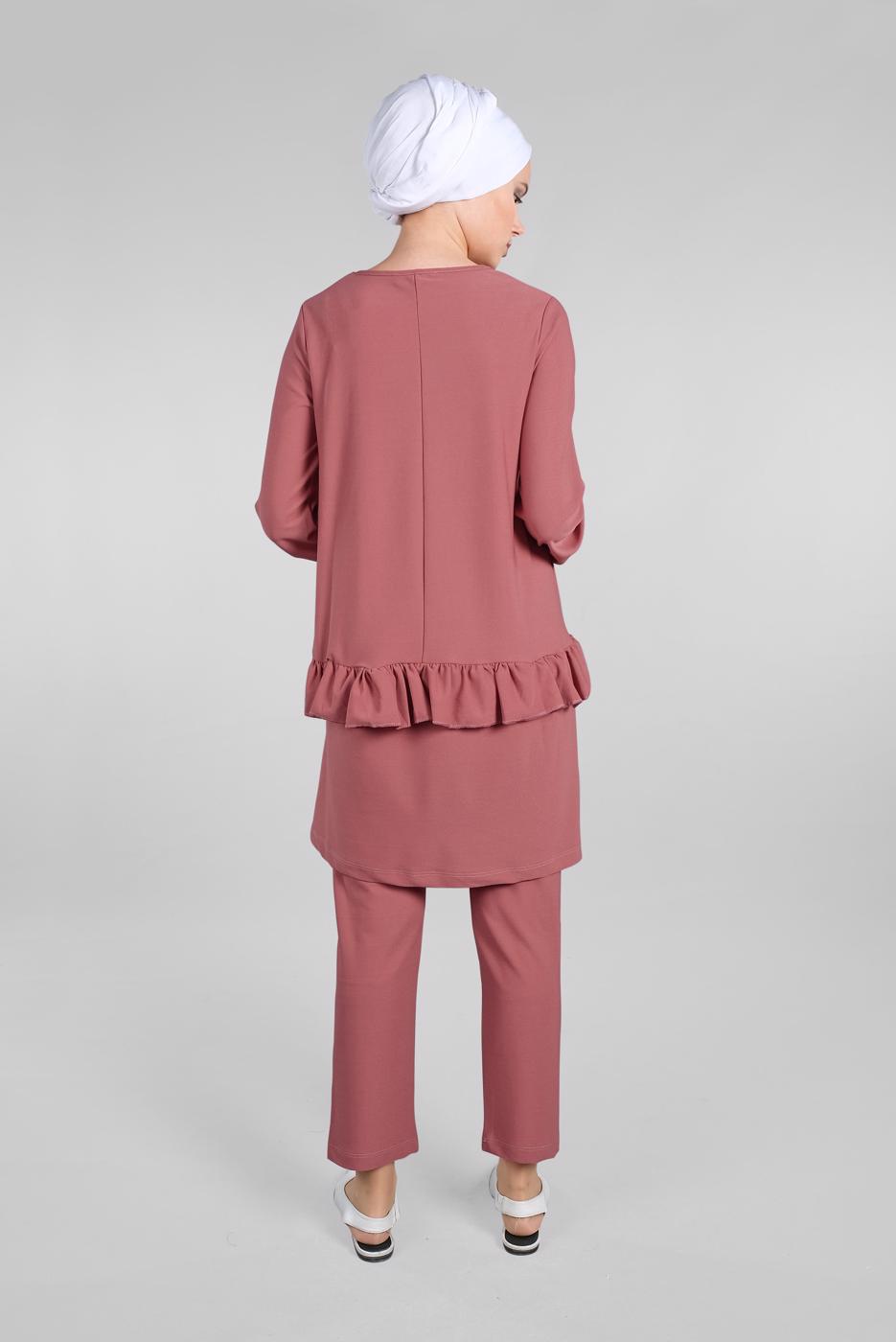 Tesettür giyim PEMBE KOLLARI BÜZGÜLÜ  2&prime;Lİ PANTOLONLU TAKIM 5016 