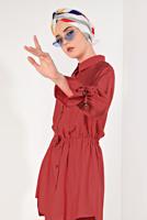 Tesettür giyim KIRMIZI DÜĞMELİ VE BAĞCIKLI 2&prime;Lİ PANTOLONLU TAKIM T 5034 