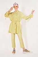 Tesettür giyim SARI DÜĞMELİ VE BAĞCIKLI 2&prime;Lİ PANTOLONLU TAKIM T 5034 