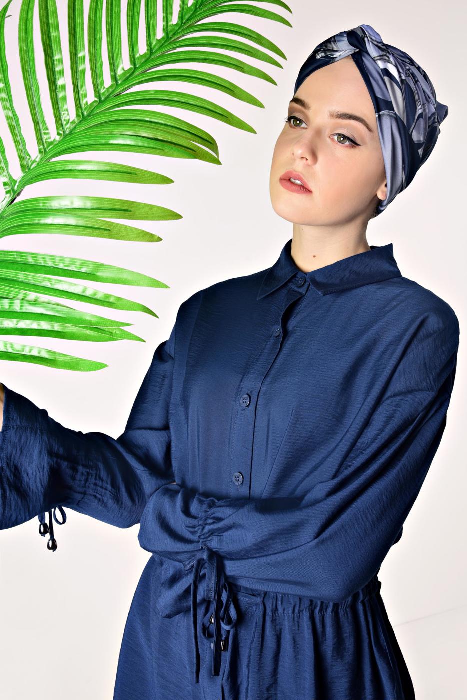 Tesettür giyim LACİVERT DÜĞMELİ VE BAĞCIKLI 2&prime;Lİ PANTOLONLU TAKIM T 5034 