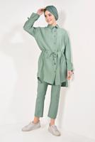 Tesettür giyim YEŞİL DÜĞMELİ VE BAĞCIKLI 2&prime;Lİ PANTOLONLU TAKIM T 5034 