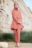 Tesettür giyim PEMBE DÜĞMELİ VE BAĞCIKLI 2&prime;Lİ PANTOLONLU TAKIM T 5034 