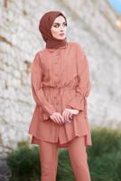 Tesettür giyim PEMBE DÜĞMELİ VE BAĞCIKLI 2&prime;Lİ PANTOLONLU TAKIM T 5034 