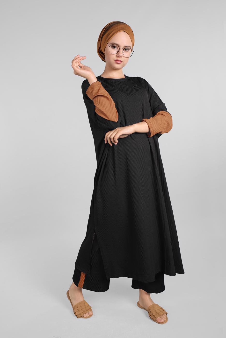 Tesettür giyim SİYAH YARASA KOL FİTİLLİ SALAŞ 2&prime;Lİ PANTOLONLU TAKIM 5116 