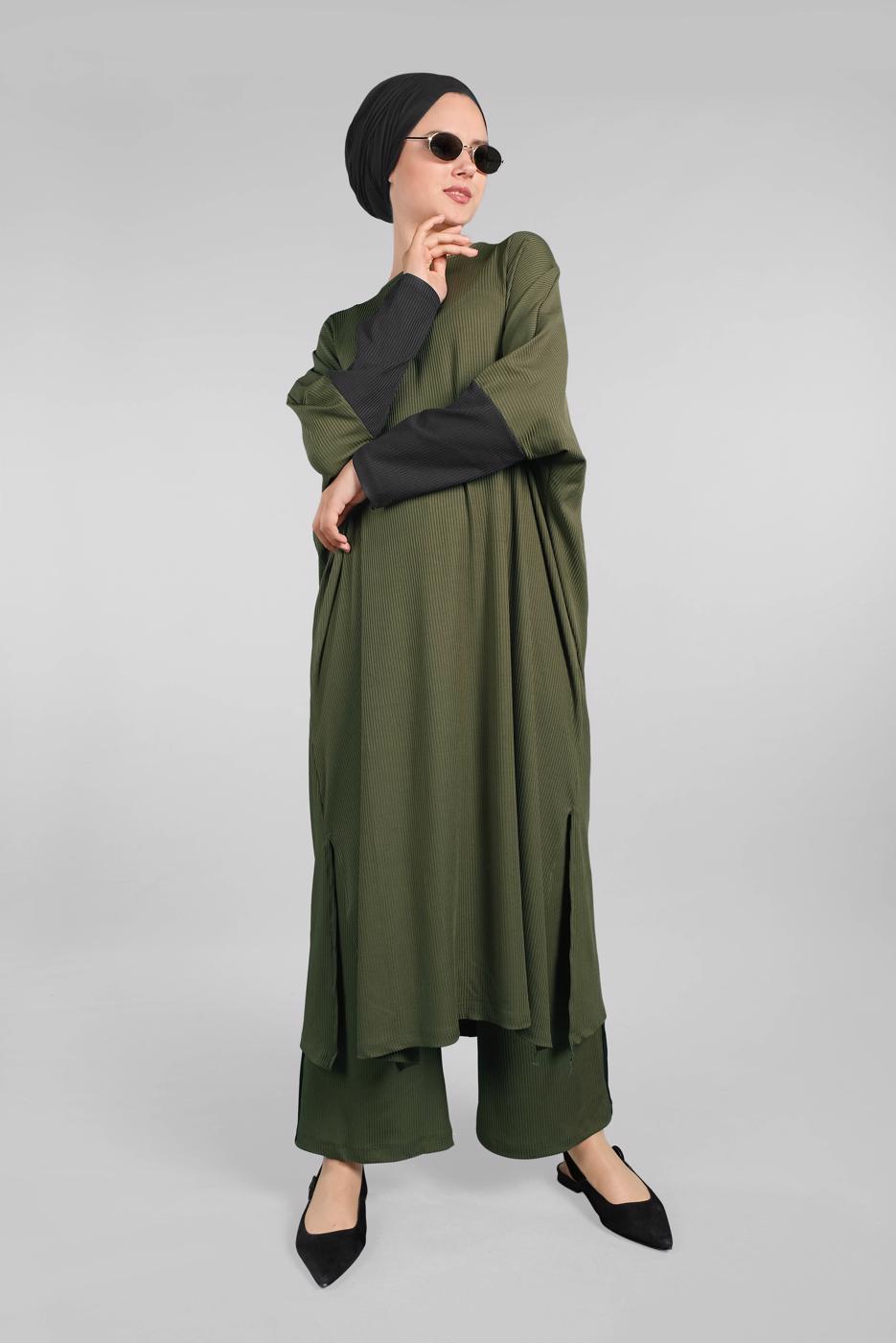 Tesettür giyim HAKİ YARASA KOL FİTİLLİ SALAŞ 2&prime;Lİ PANTOLONLU TAKIM 5116 