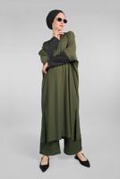 Tesettür giyim HAKİ YARASA KOL FİTİLLİ SALAŞ 2&prime;Lİ PANTOLONLU TAKIM 5116 