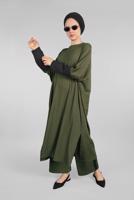 Tesettür giyim HAKİ YARASA KOL FİTİLLİ SALAŞ 2&prime;Lİ PANTOLONLU TAKIM 5116 
