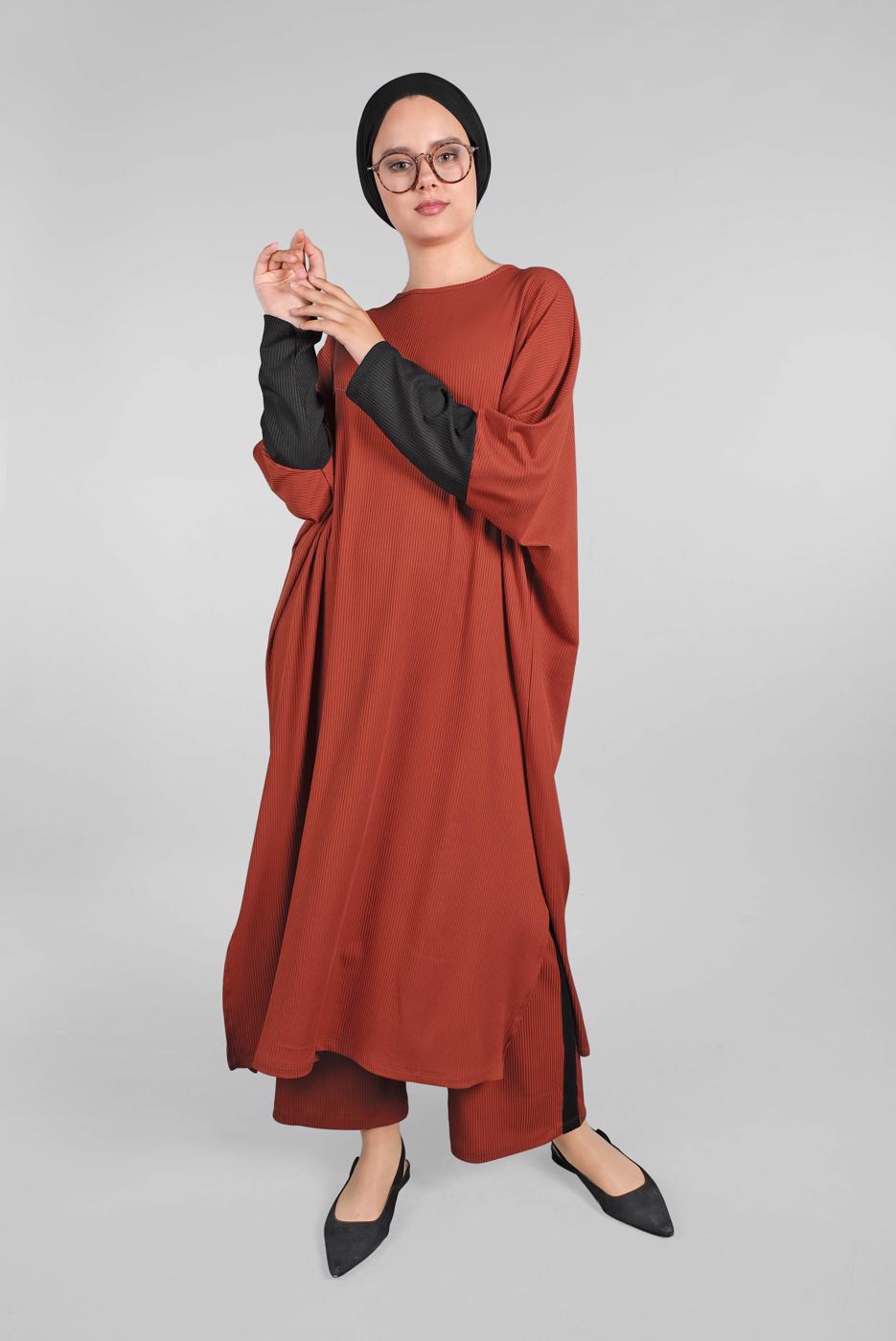 Tesettür giyim KAHVE YARASA KOL FİTİLLİ SALAŞ 2&prime;Lİ PANTOLONLU TAKIM 5116 