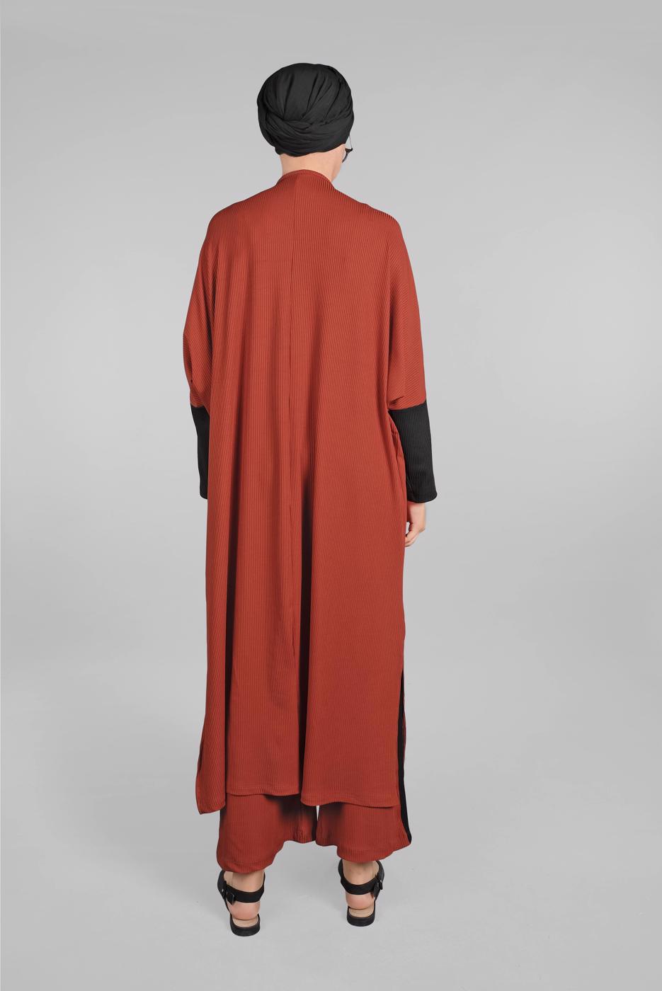 Tesettür giyim KAHVE YARASA KOL FİTİLLİ SALAŞ 2&prime;Lİ PANTOLONLU TAKIM 5116 