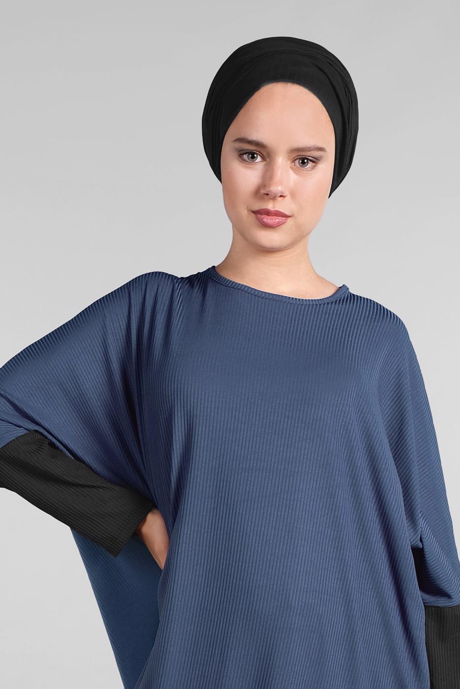 Tesettür giyim LACİVERT YARASA KOL FİTİLLİ SALAŞ 2&prime;Lİ PANTOLONLU TAKIM 5116 