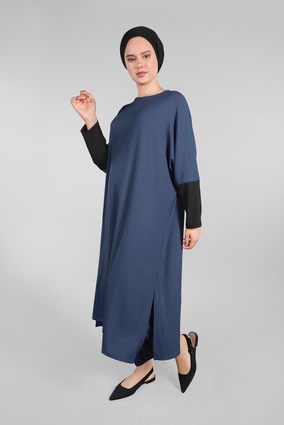 Tesettür giyim LACİVERT YARASA KOL FİTİLLİ SALAŞ 2&prime;Lİ PANTOLONLU TAKIM 5116 