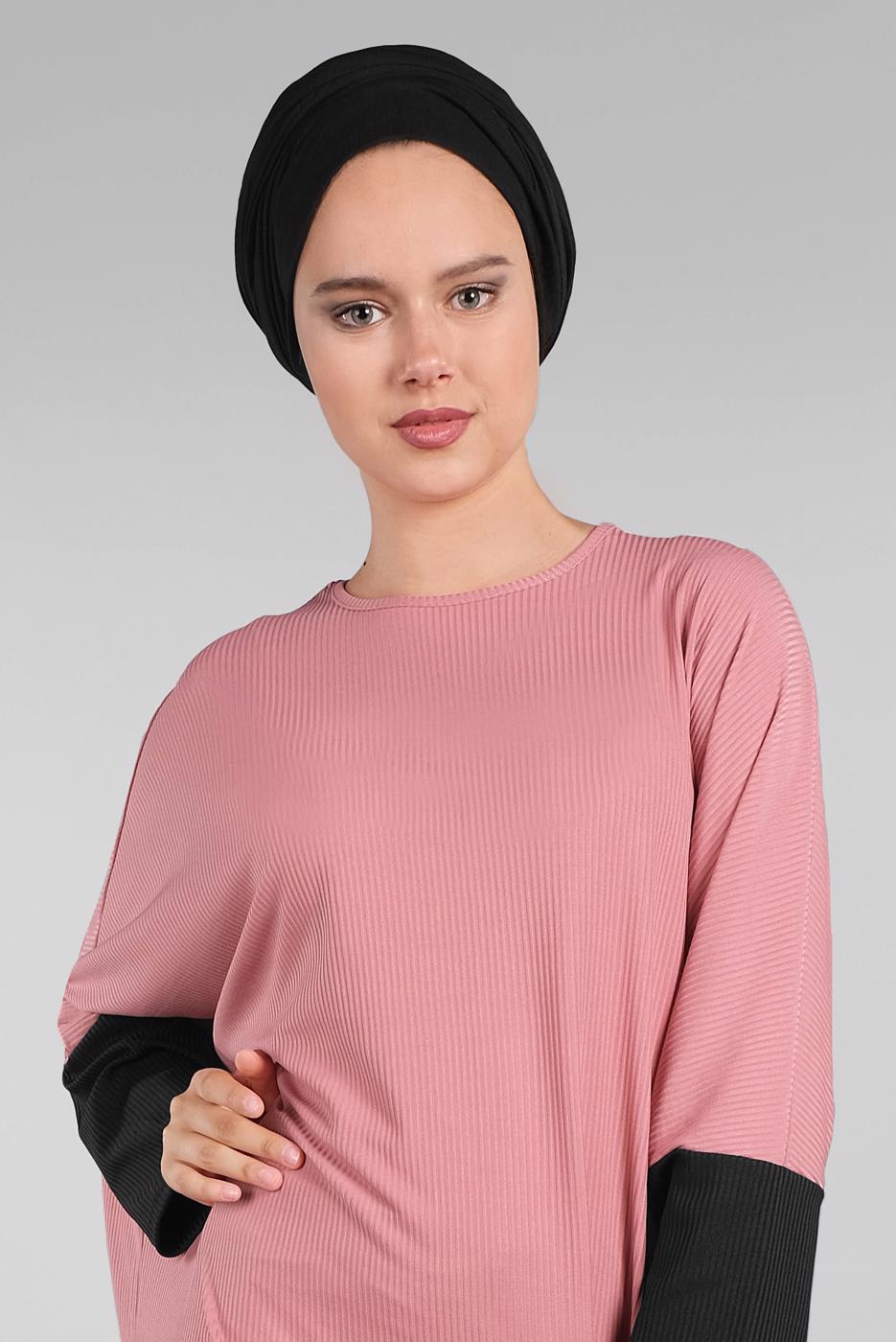 Tesettür giyim PEMBE YARASA KOL FİTİLLİ SALAŞ 2&prime;Lİ PANTOLONLU TAKIM 5116 