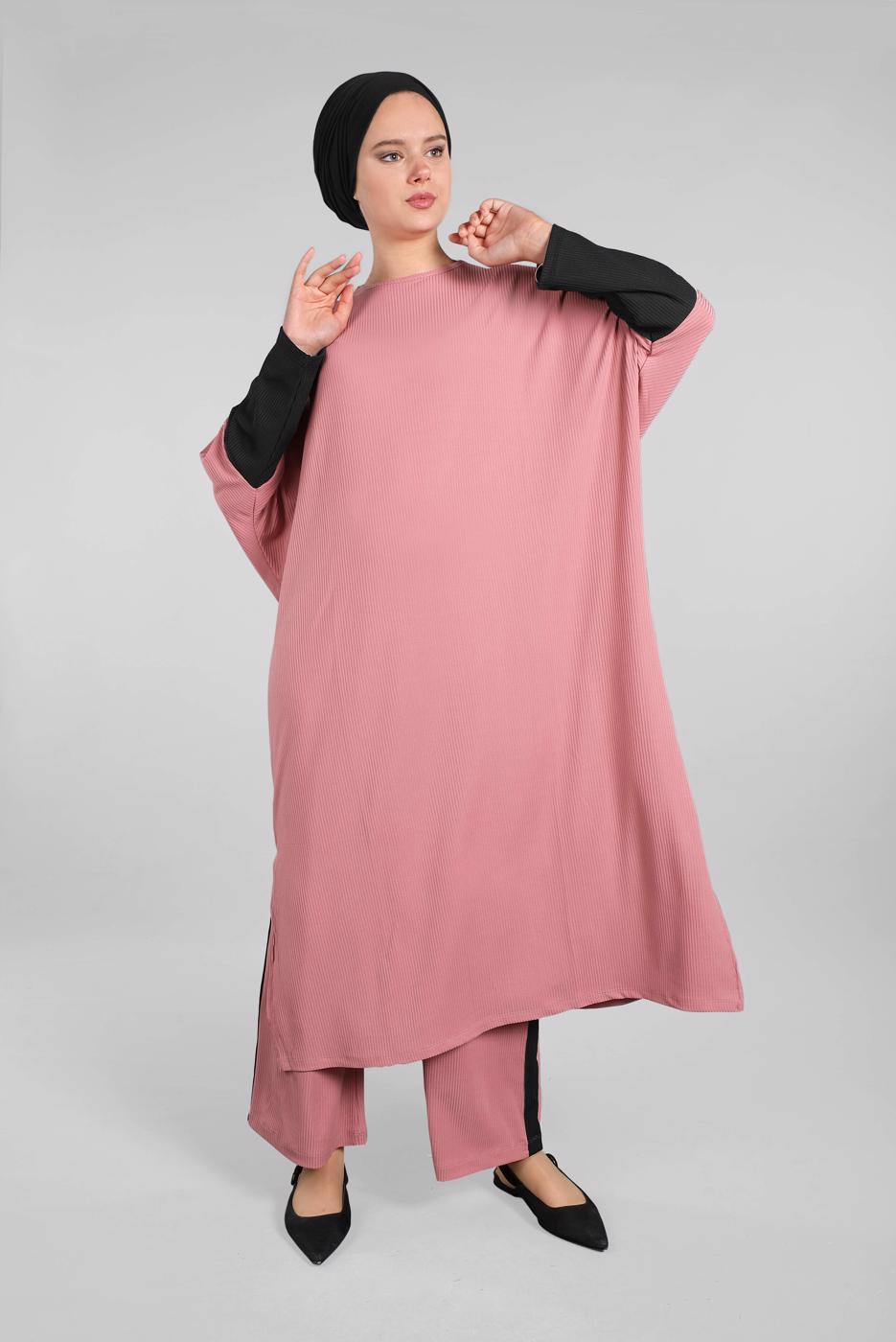 Tesettür giyim PEMBE YARASA KOL FİTİLLİ SALAŞ 2&prime;Lİ PANTOLONLU TAKIM 5116 