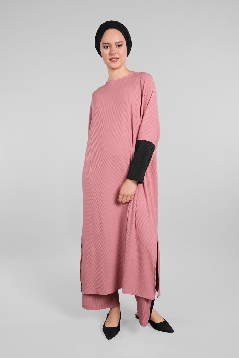 Tesettür giyim PEMBE YARASA KOL FİTİLLİ SALAŞ 2&prime;Lİ PANTOLONLU TAKIM 5116 