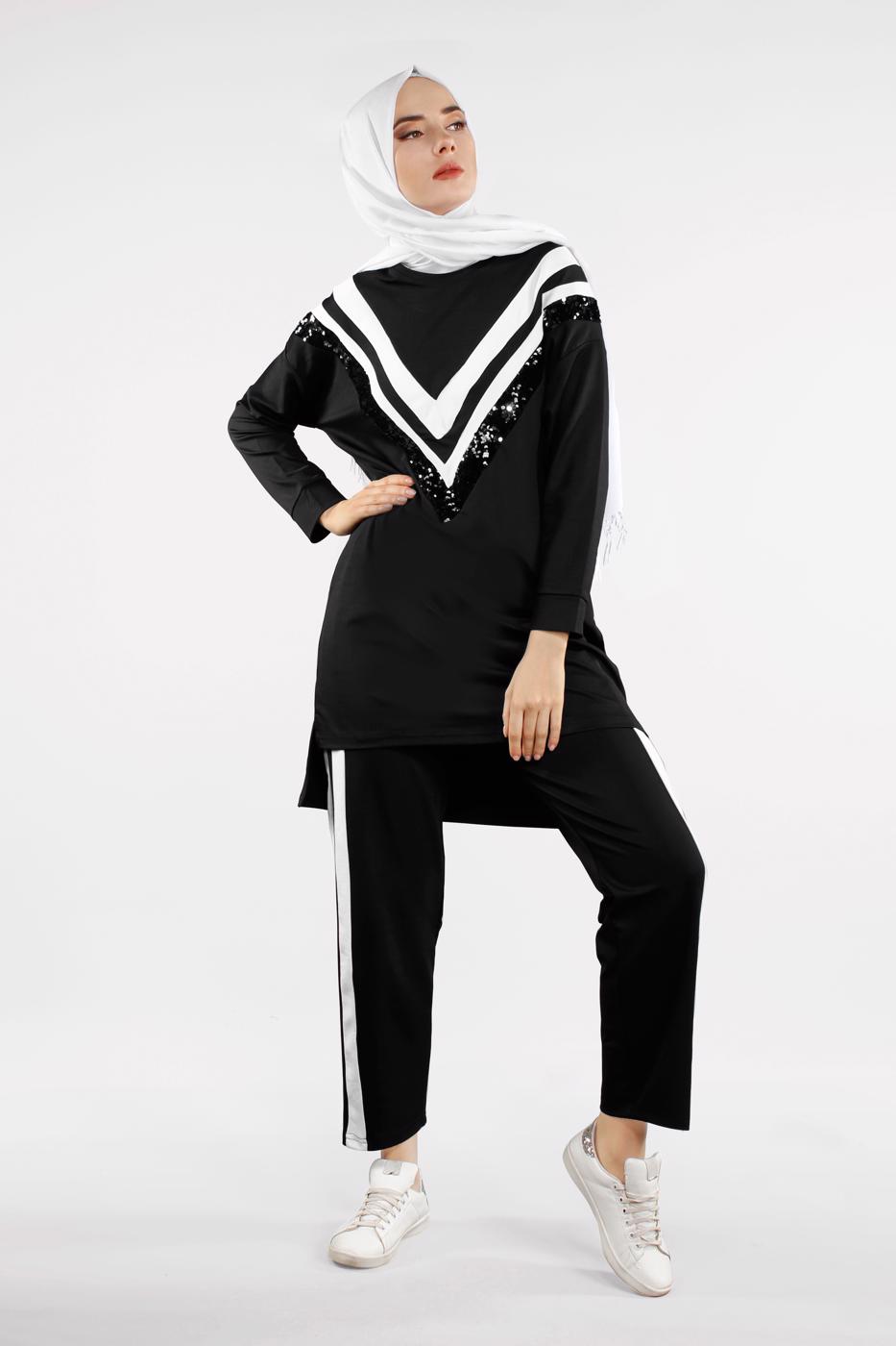 Tesettür giyim SİYAH ŞERİTLİ PUL PAYET DETAYLI EŞOFMAN TAKIM 5362 