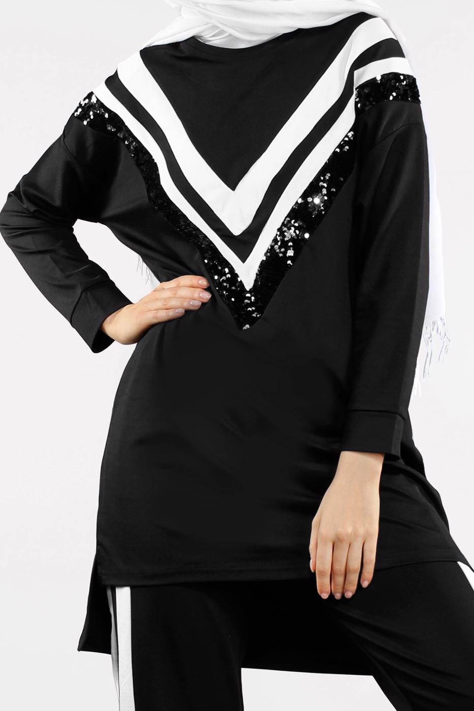 Tesettür giyim SİYAH ŞERİTLİ PUL PAYET DETAYLI EŞOFMAN TAKIM 5362 