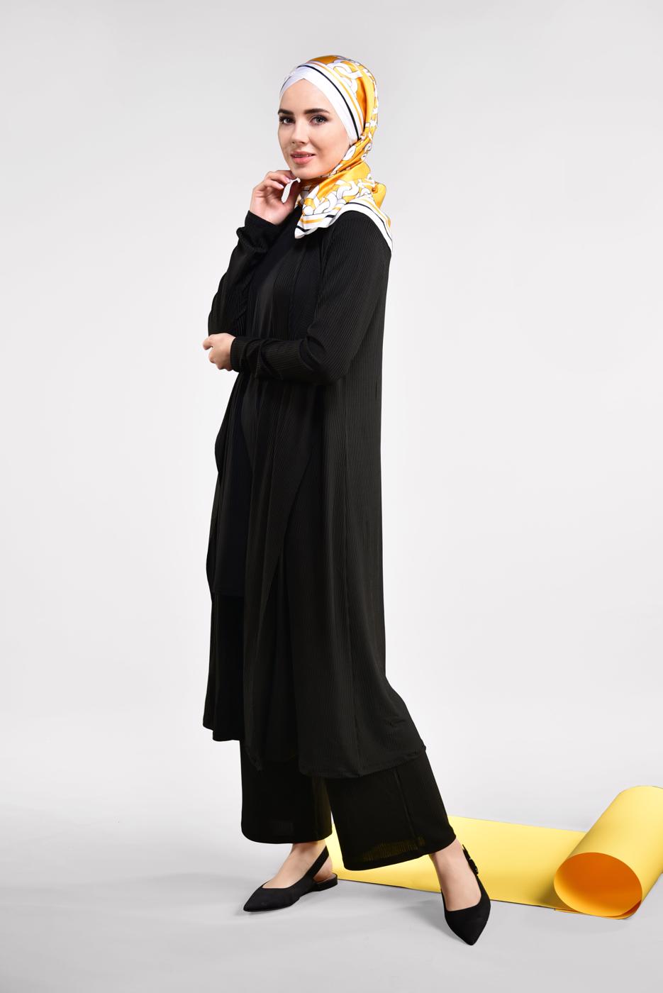 Tesettür giyim SİYAH FİTİLLİ 3&prime;LÜ PANTOLONLU TAKIM 5390