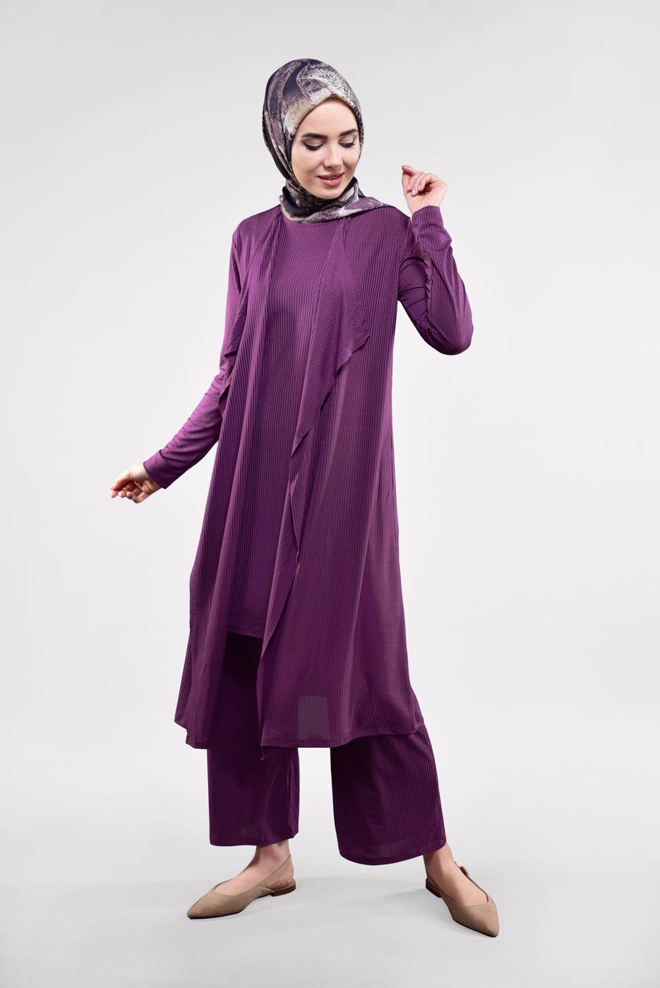 Tesettür giyim MOR FİTİLLİ 3&prime;LÜ PANTOLONLU TAKIM 5390
