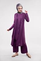 Tesettür giyim MOR FİTİLLİ 3&prime;LÜ PANTOLONLU TAKIM 5390
