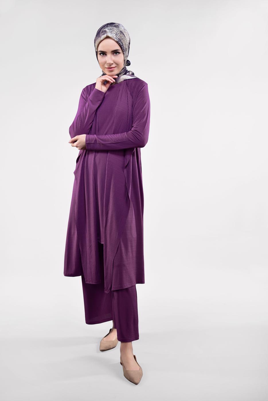Tesettür giyim MOR FİTİLLİ 3&prime;LÜ PANTOLONLU TAKIM 5390