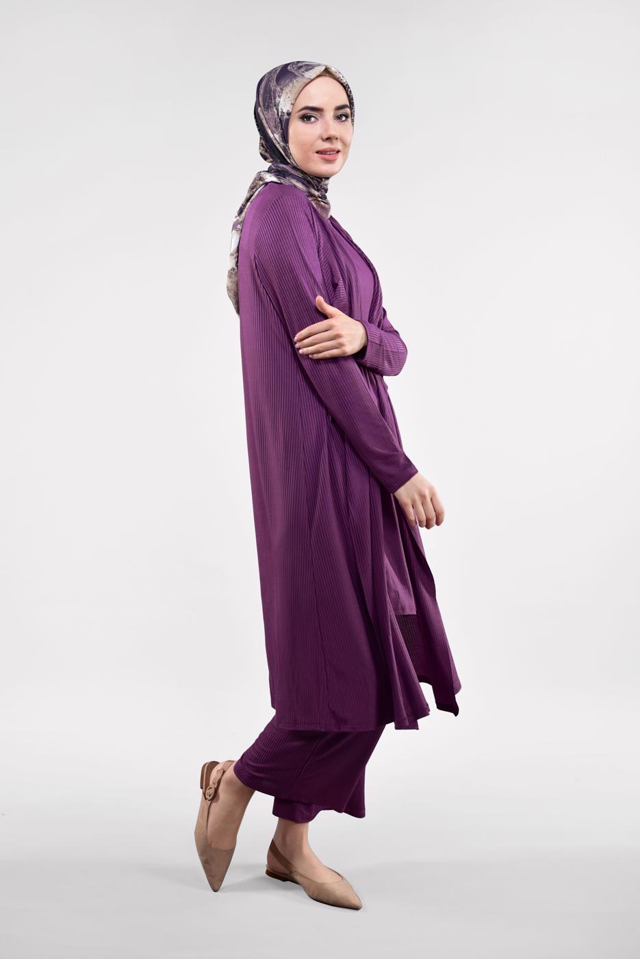 Tesettür giyim MOR FİTİLLİ 3&prime;LÜ PANTOLONLU TAKIM 5390
