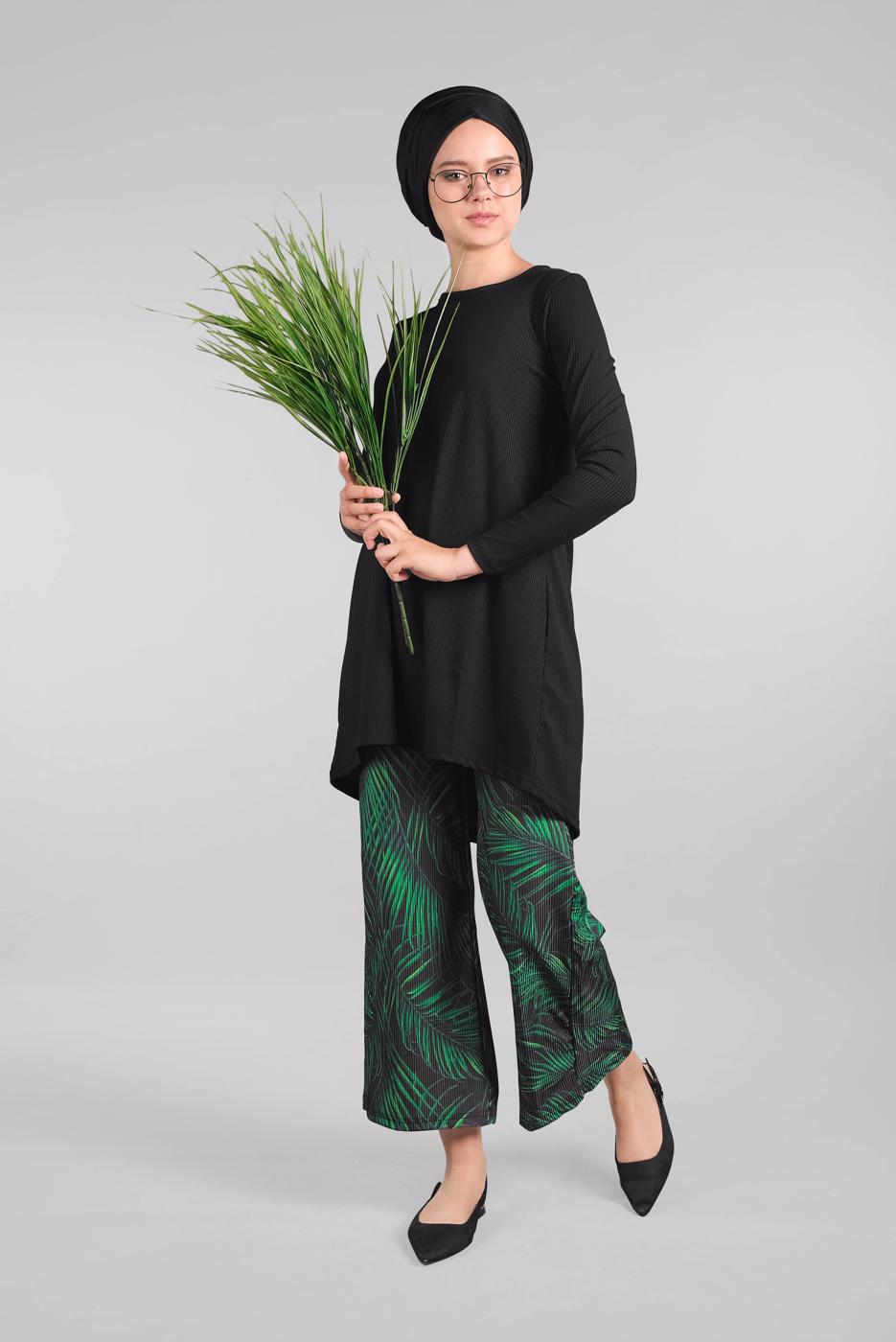Tesettür giyim YEŞİL ASİMETRİK KESİM FİTİLLİ 2&prime;Lİ PANTOLONLU TAKIM 5506 