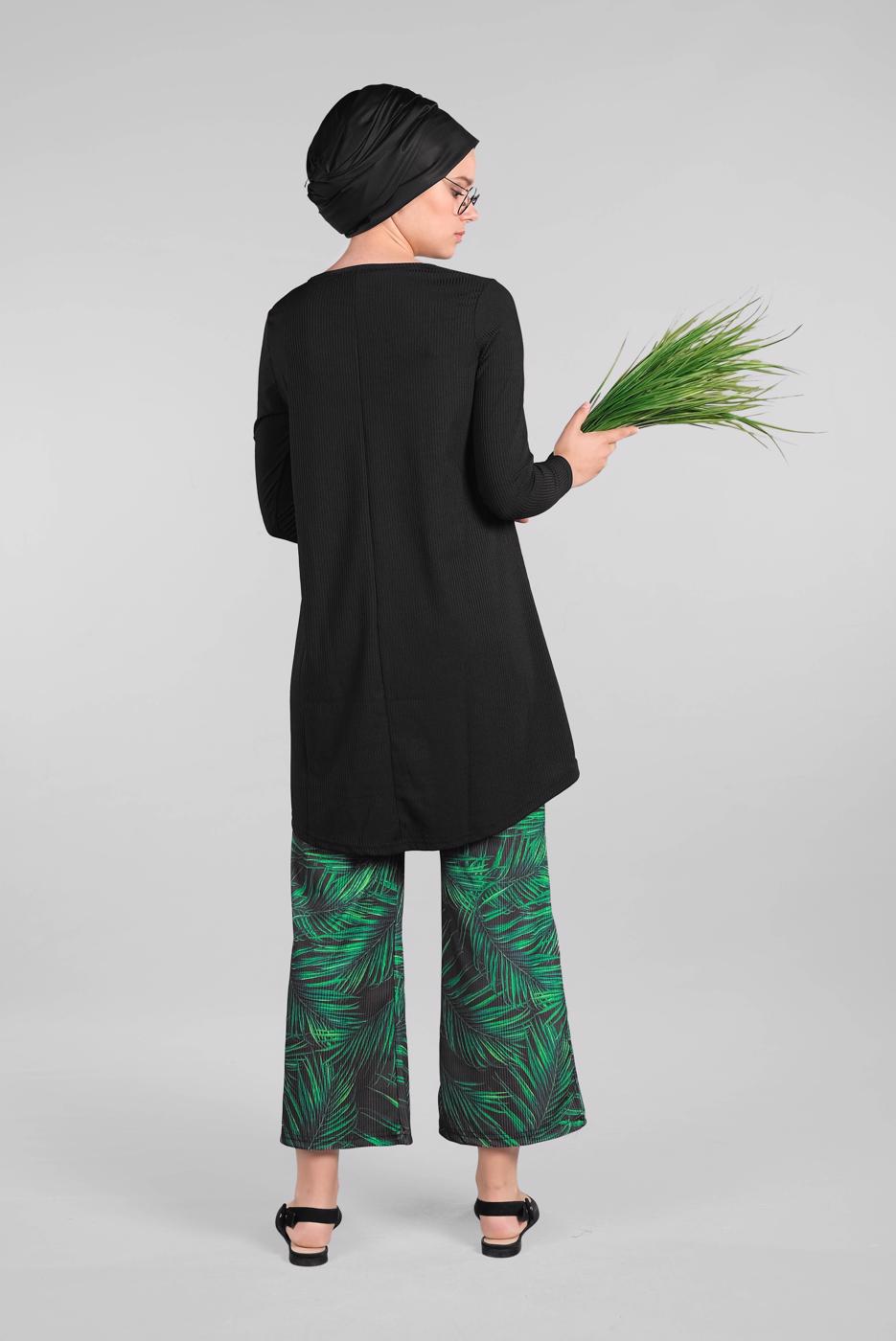 Tesettür giyim YEŞİL ASİMETRİK KESİM FİTİLLİ 2&prime;Lİ PANTOLONLU TAKIM 5506 