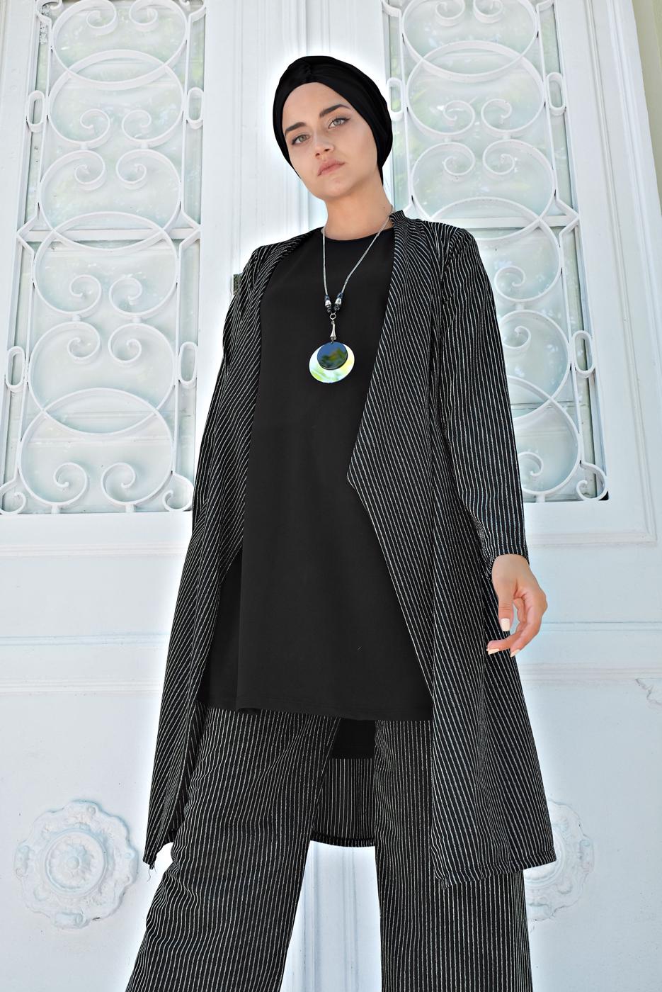 Tesettür giyim SİYAH ÇİZGİ DESENLİ 3&prime;LÜ PANTOLONLU TAKIM 5525 