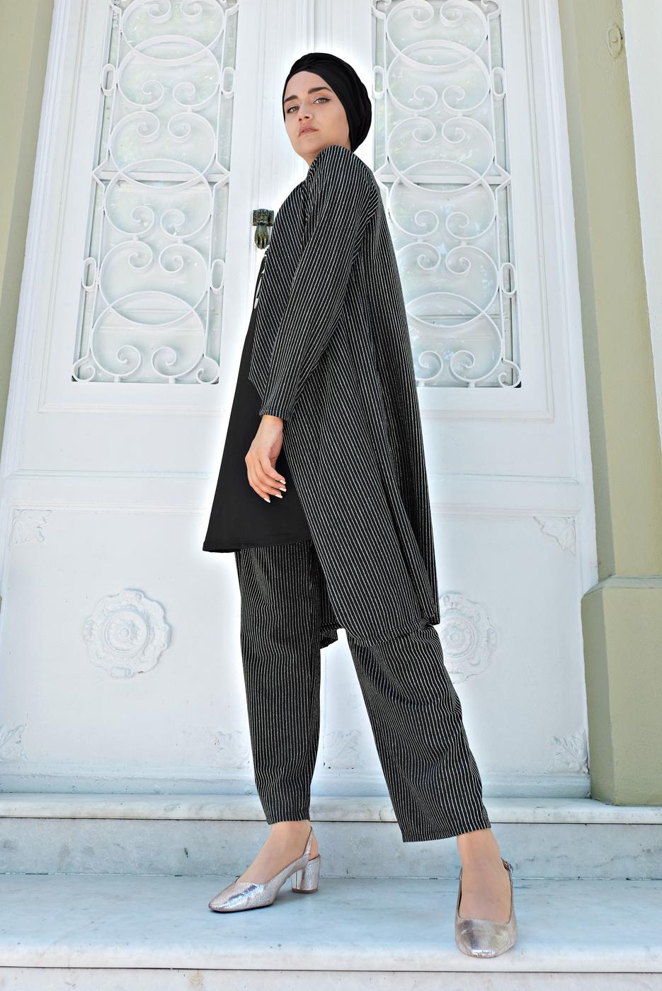 Tesettür giyim SİYAH ÇİZGİ DESENLİ 3&prime;LÜ PANTOLONLU TAKIM 5525 