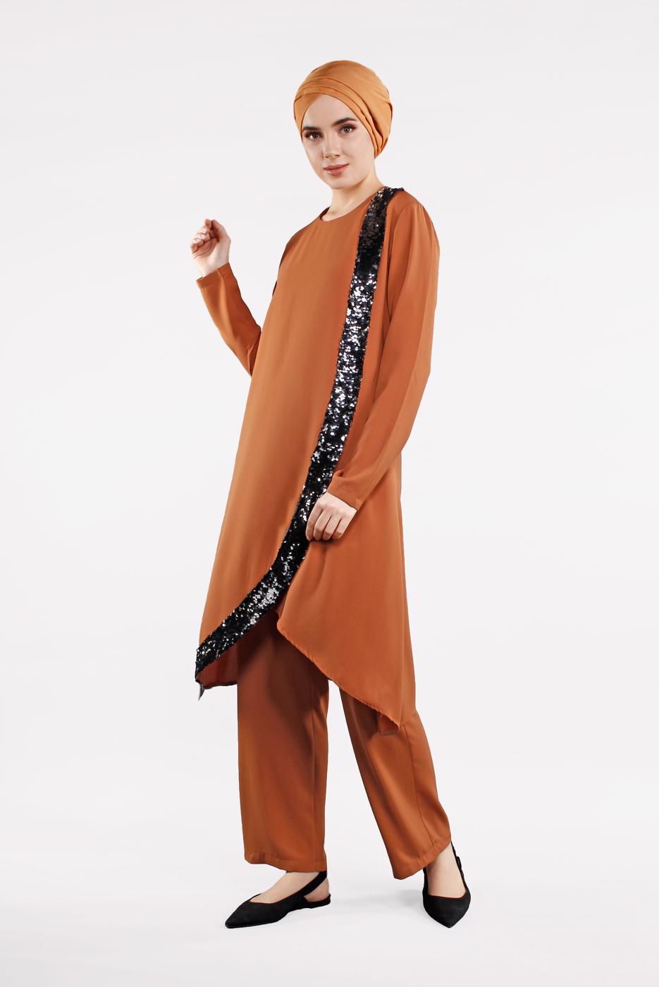 Tesettür giyim TURUNCU PUL PAYET DETAYLI ASİMETRİK 2&prime;Lİ TAKIM 5647