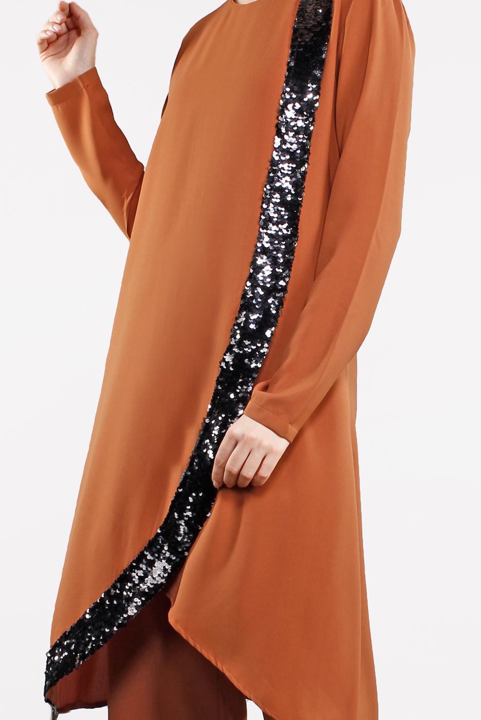 Tesettür giyim TURUNCU PUL PAYET DETAYLI ASİMETRİK 2&prime;Lİ TAKIM 5647