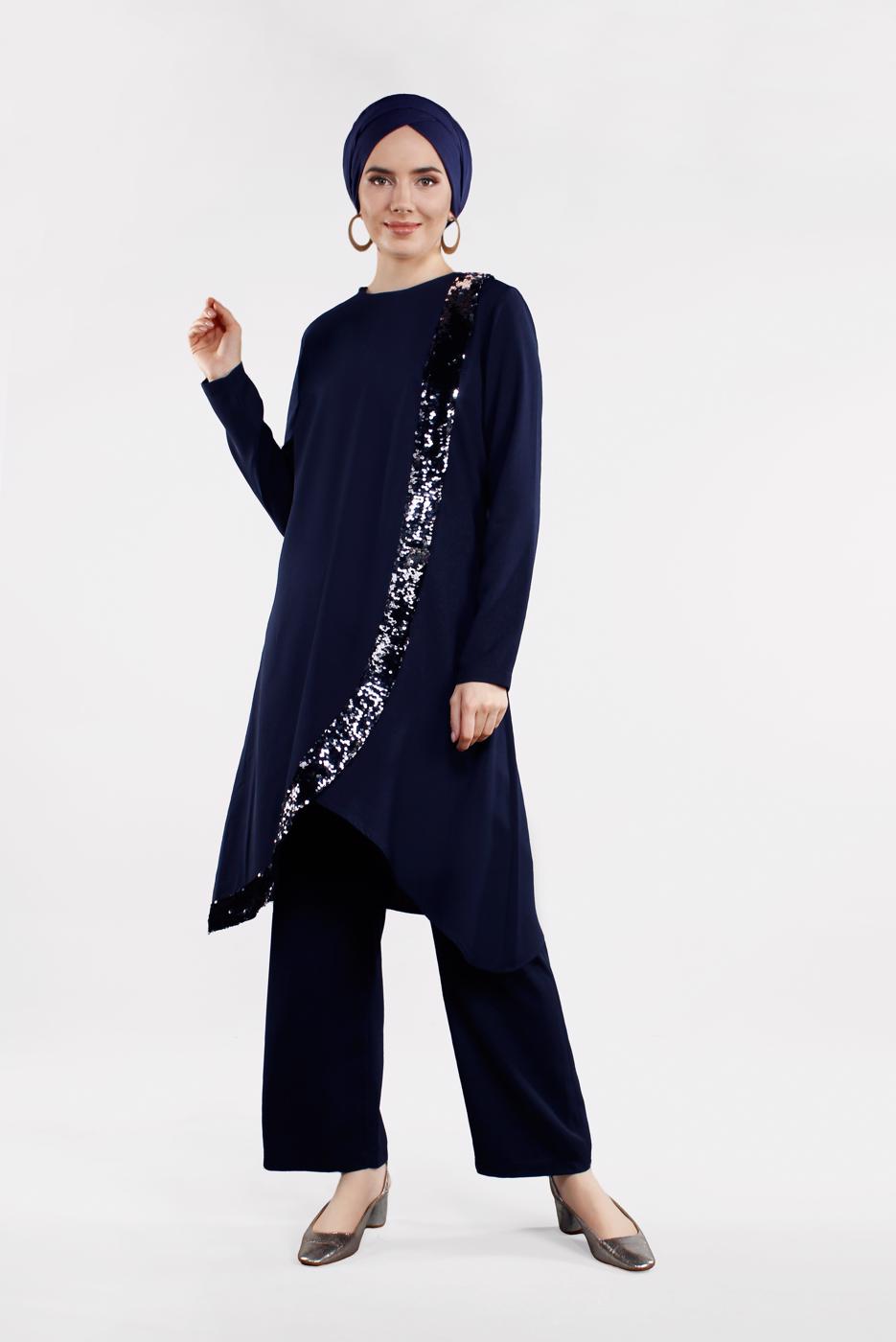 Tesettür giyim LACİVERT PUL PAYET DETAYLI ASİMETRİK 2&prime;Lİ TAKIM 5647