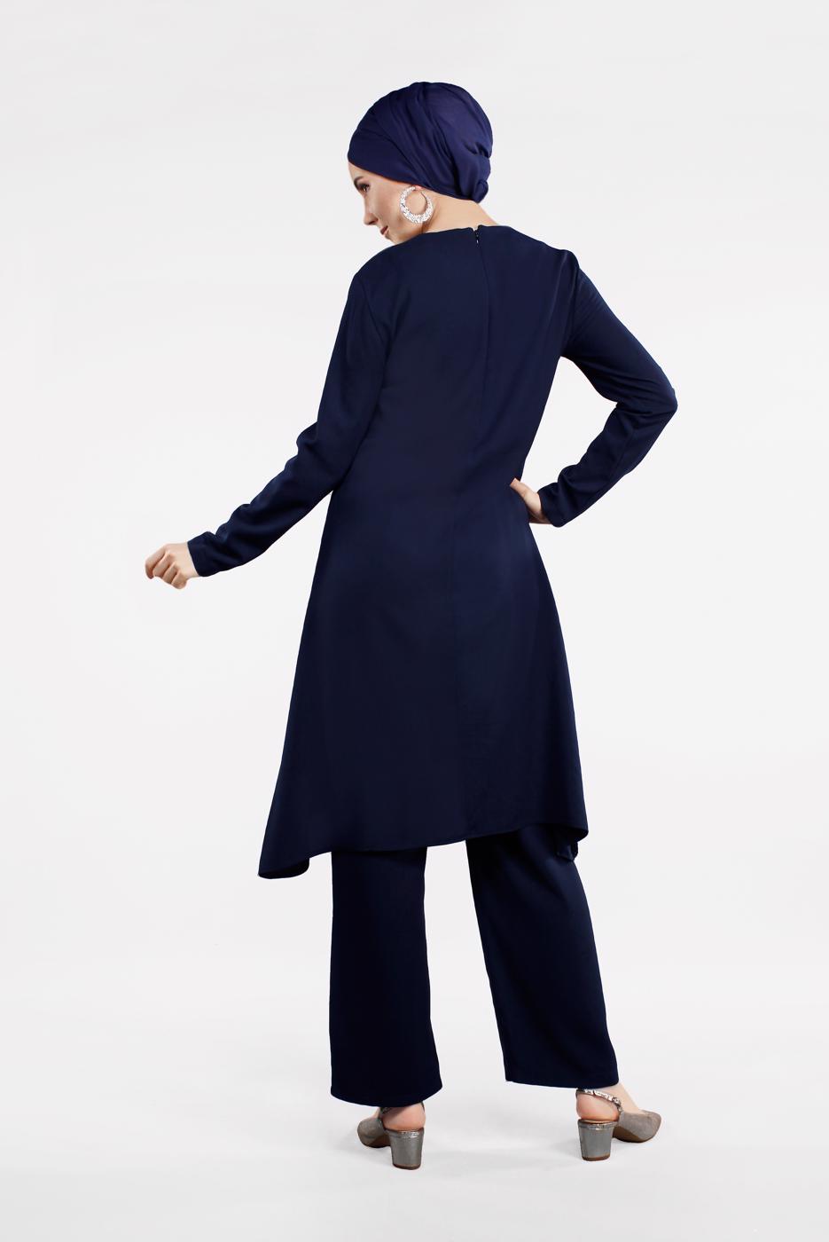 Tesettür giyim LACİVERT PUL PAYET DETAYLI ASİMETRİK 2&prime;Lİ TAKIM 5647