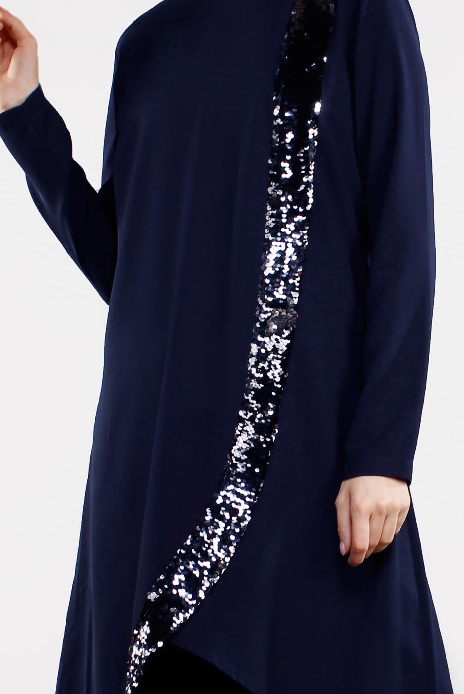 Tesettür giyim LACİVERT PUL PAYET DETAYLI ASİMETRİK 2&prime;Lİ TAKIM 5647