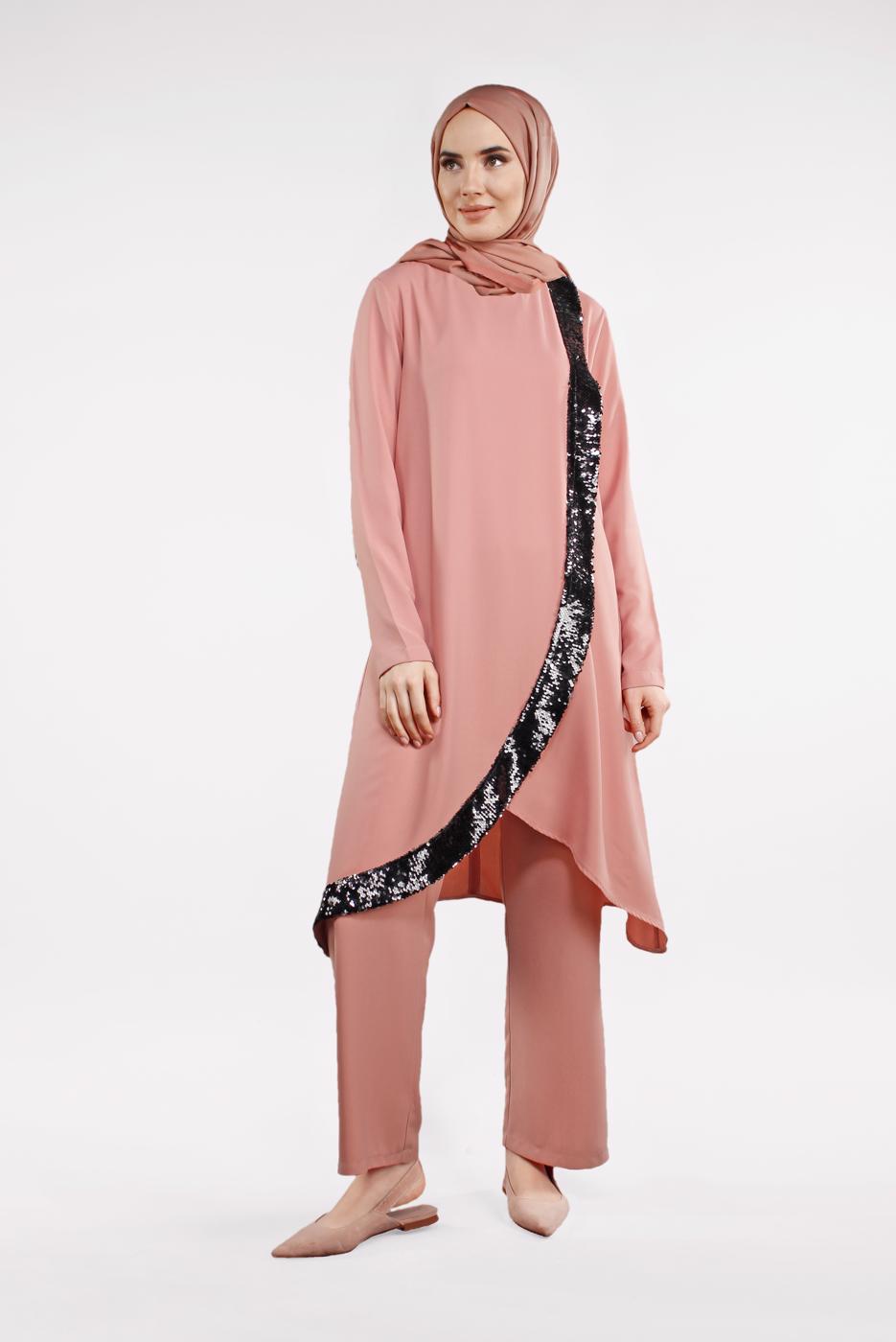 Tesettür giyim MERCAN PUL PAYET DETAYLI ASİMETRİK 2&prime;Lİ TAKIM 5647