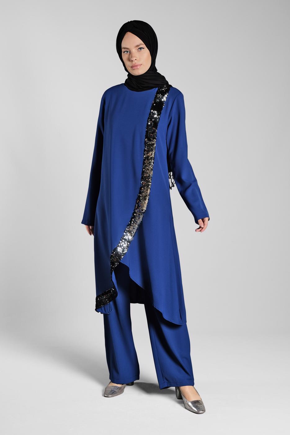 Tesettür giyim LACİVERT PUL PAYET DETAYLI ASİMETRİK 2&prime;Lİ TAKIM 5647