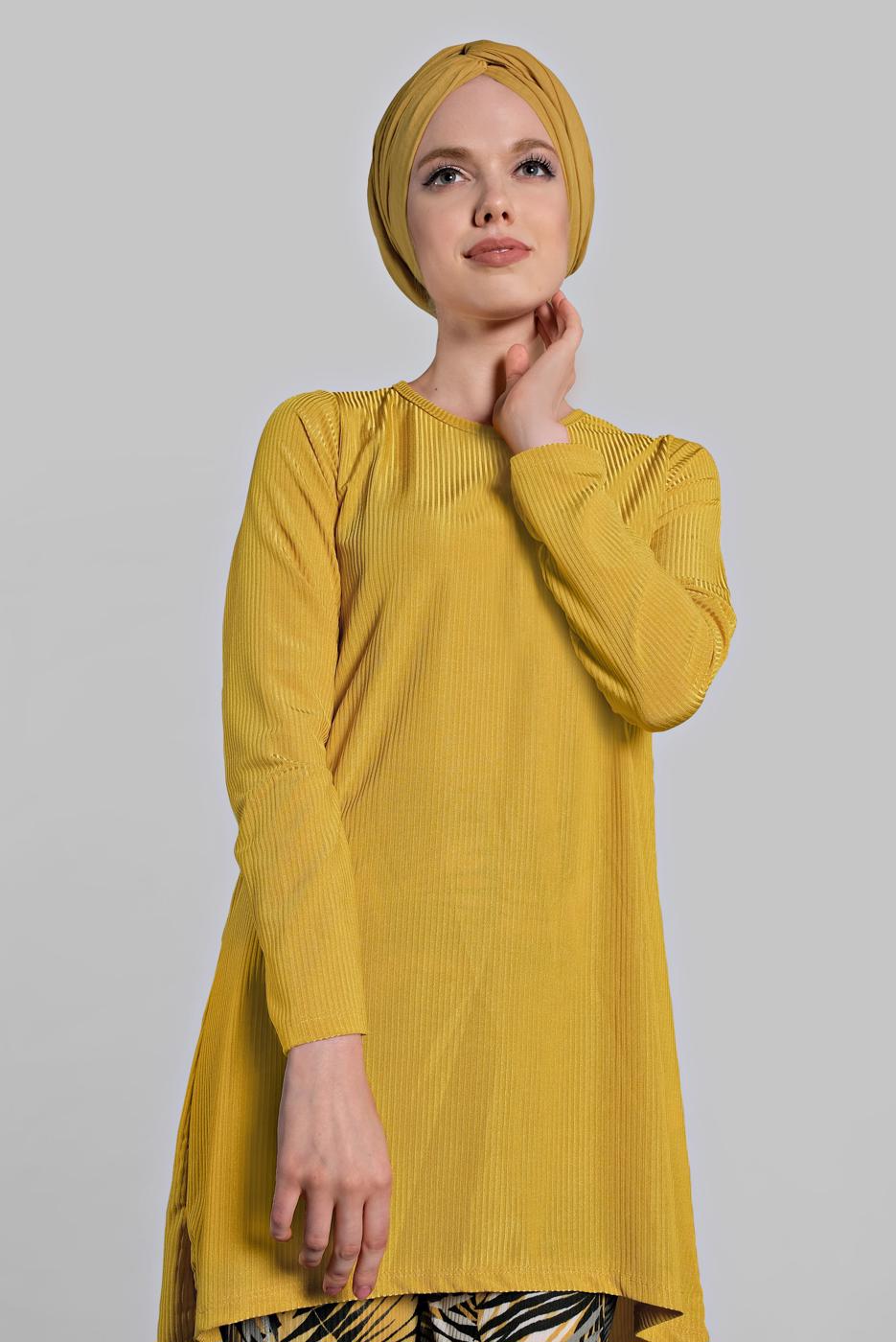 Tesettür giyim SARI ASİMETRİK KESİM FİTİLLİ 2&prime;Lİ PANTOLONLU TAKIM 5825