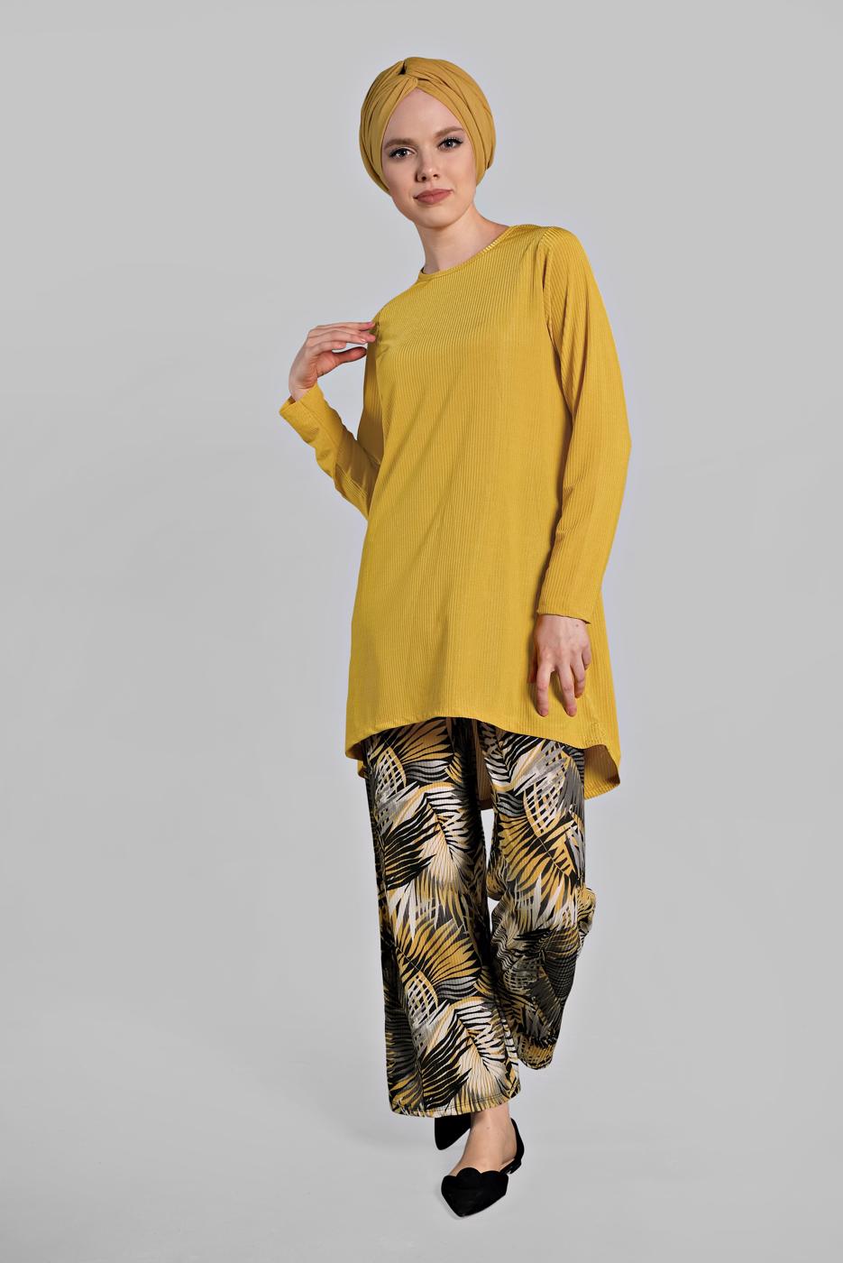 Tesettür giyim SARI ASİMETRİK KESİM FİTİLLİ 2&prime;Lİ PANTOLONLU TAKIM 5825