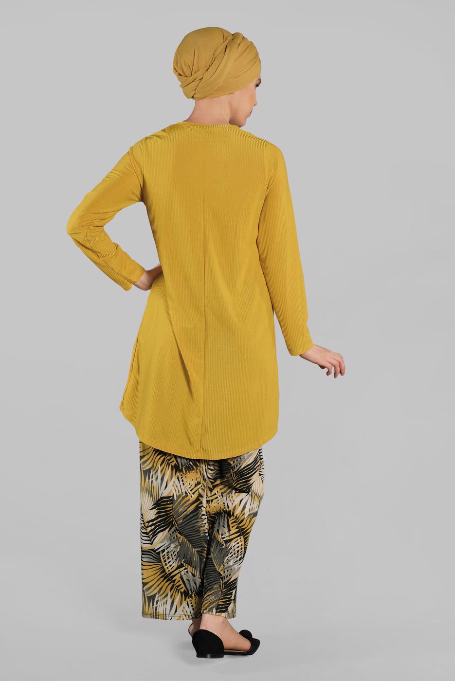Tesettür giyim SARI ASİMETRİK KESİM FİTİLLİ 2&prime;Lİ PANTOLONLU TAKIM 5825